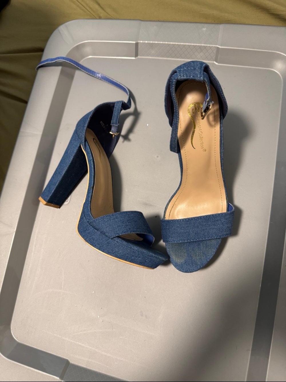 Denim Blue Ankle Strap Block Heel Sandals - Women